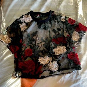 Black sheer, flowered crop top